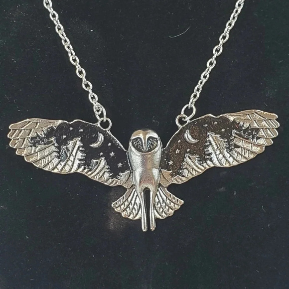 Giant Owl With Night Sky Scenery Pendant Necklace with Chain - Picture 3 of 6